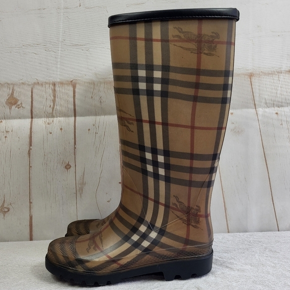 Burberry Haymarket Nova Check Gingham Brown Rubber Rain Boots Size 36 US 6 - Picture 1 of 16